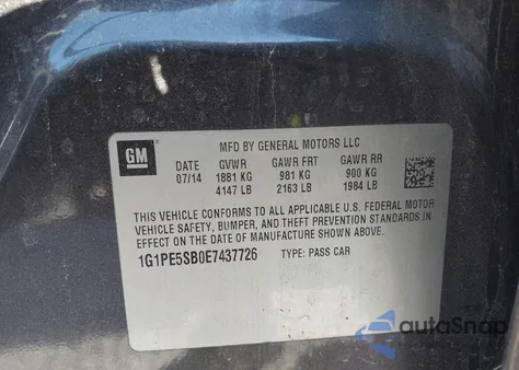 2014 Chevrolet Cruze 2Lt Auto from USA, damaged, VIN 1G1PE5SB0E7437726